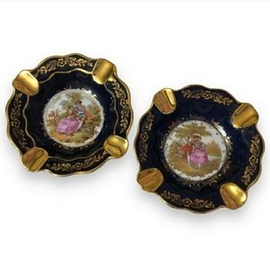 LIMOGES Cobalt & Gold “Courting Couples” Painted Ashtrays - Set of 2